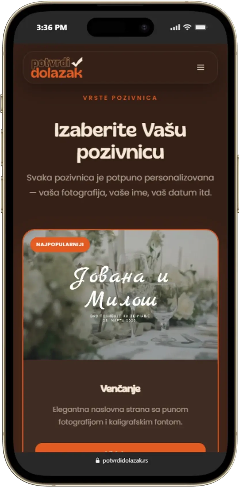 PotvrdiDolazak.rs - Digital Wedding Invitations Platform mobile view